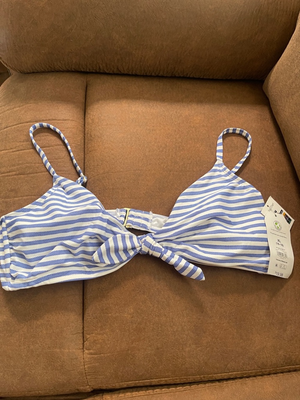 TIME AND TRU Blue and White Striped Bikini Top with Front Tie